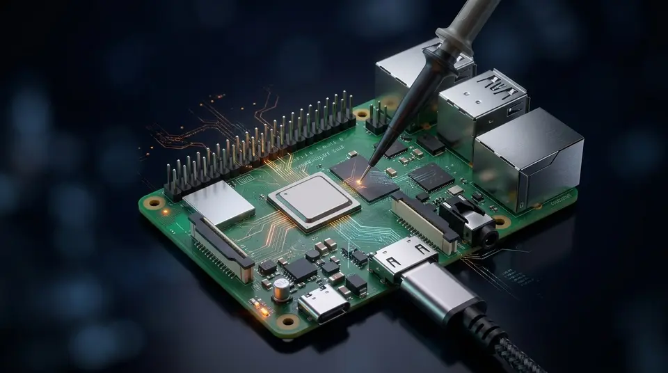 An embedded development board on a dark workbench with a serial cable and an oscilloscope probe