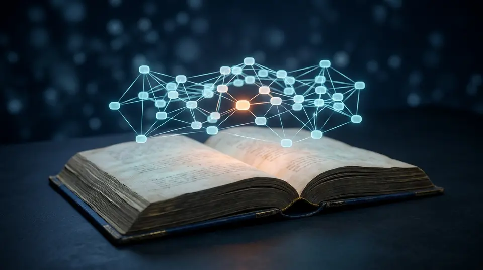 An open reference book with a glowing network of linked terms above the pages