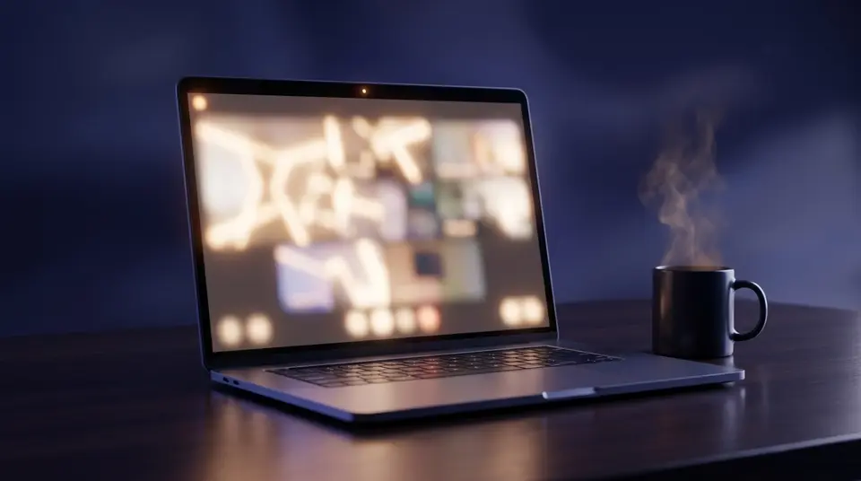 A laptop on a dark desk showing a live online session, with a mug of coffee beside it