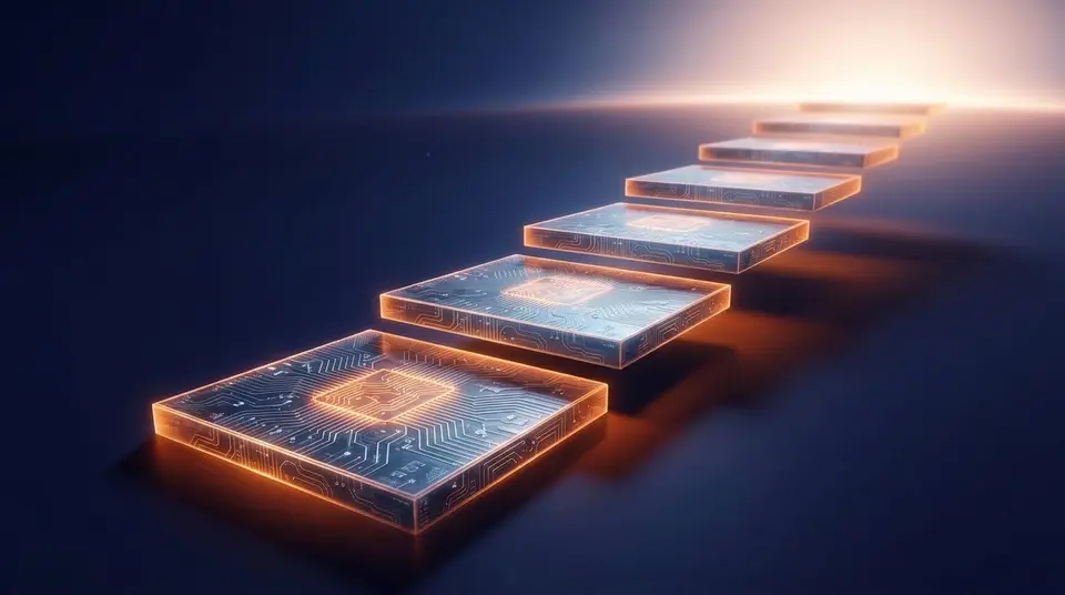 A rising staircase of glowing processor chips leading toward a bright horizon