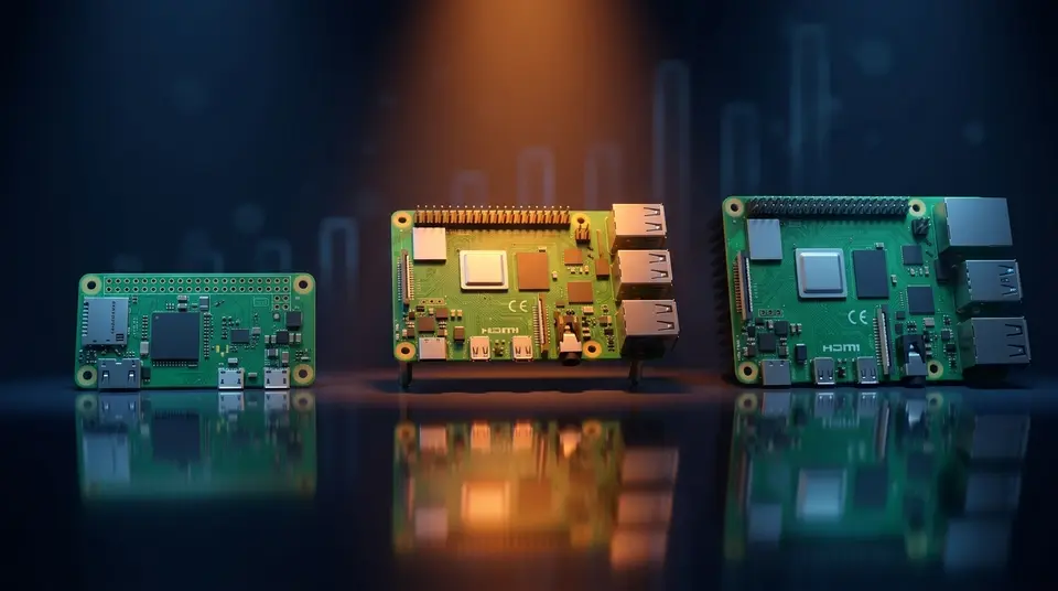 Three single-board computers side by side on a dark reflective surface