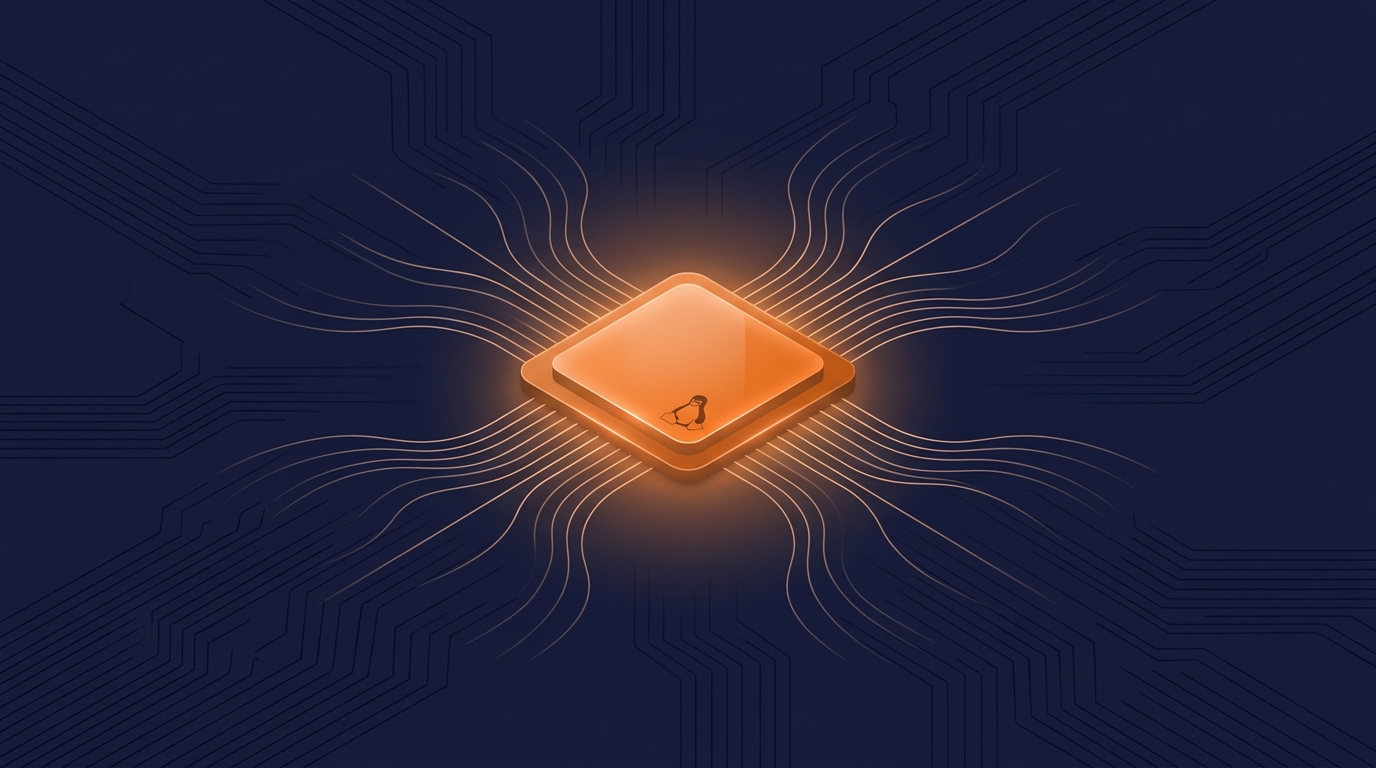 Glowing orange Linux microchip on a navy circuit board — TECH VEDA kernel and embedded Linux digest