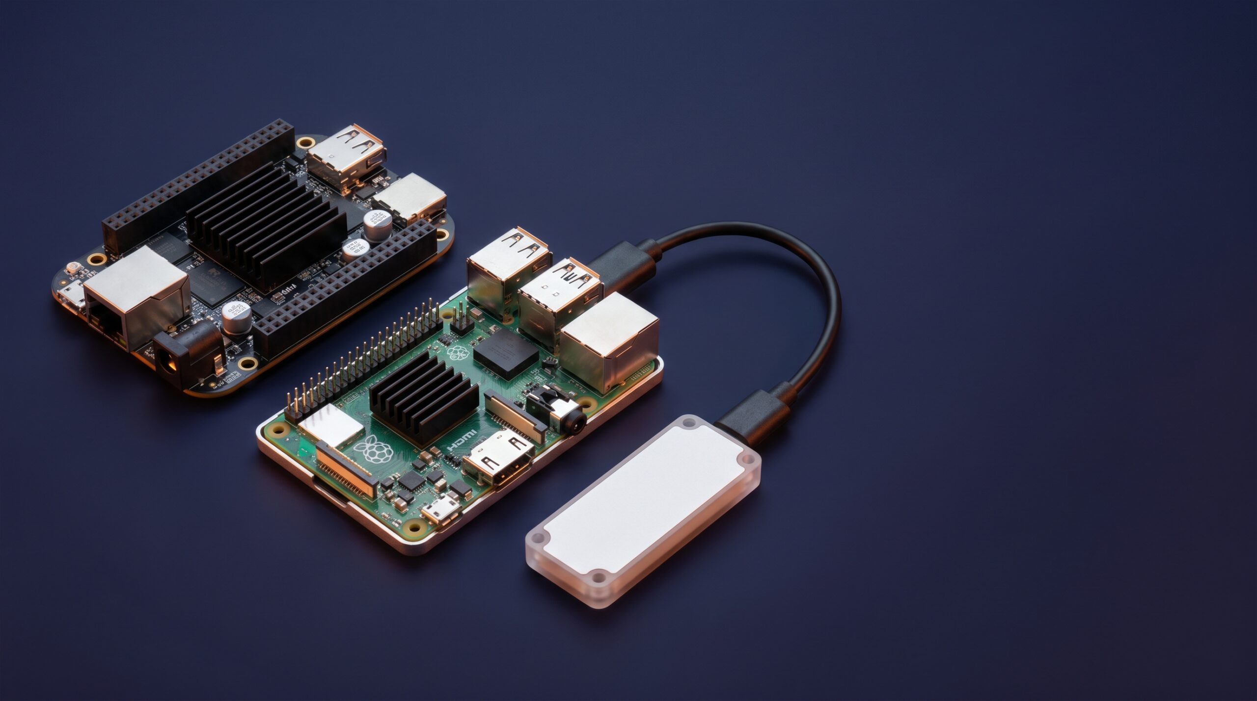 Edge-AI development boards used in TECH VEDA labs — a BeagleBone AI-64 and a Raspberry Pi 5 with a Google Coral accelerator on a dark workbench