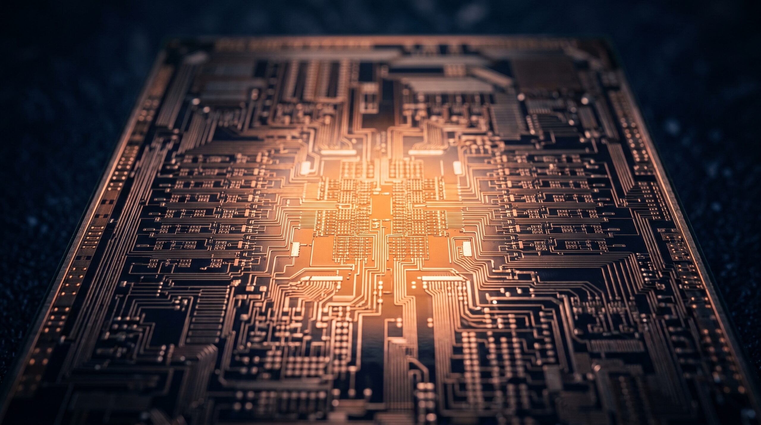 Linux Kernel Infrastructure — silicon die circuitry glowing at the core