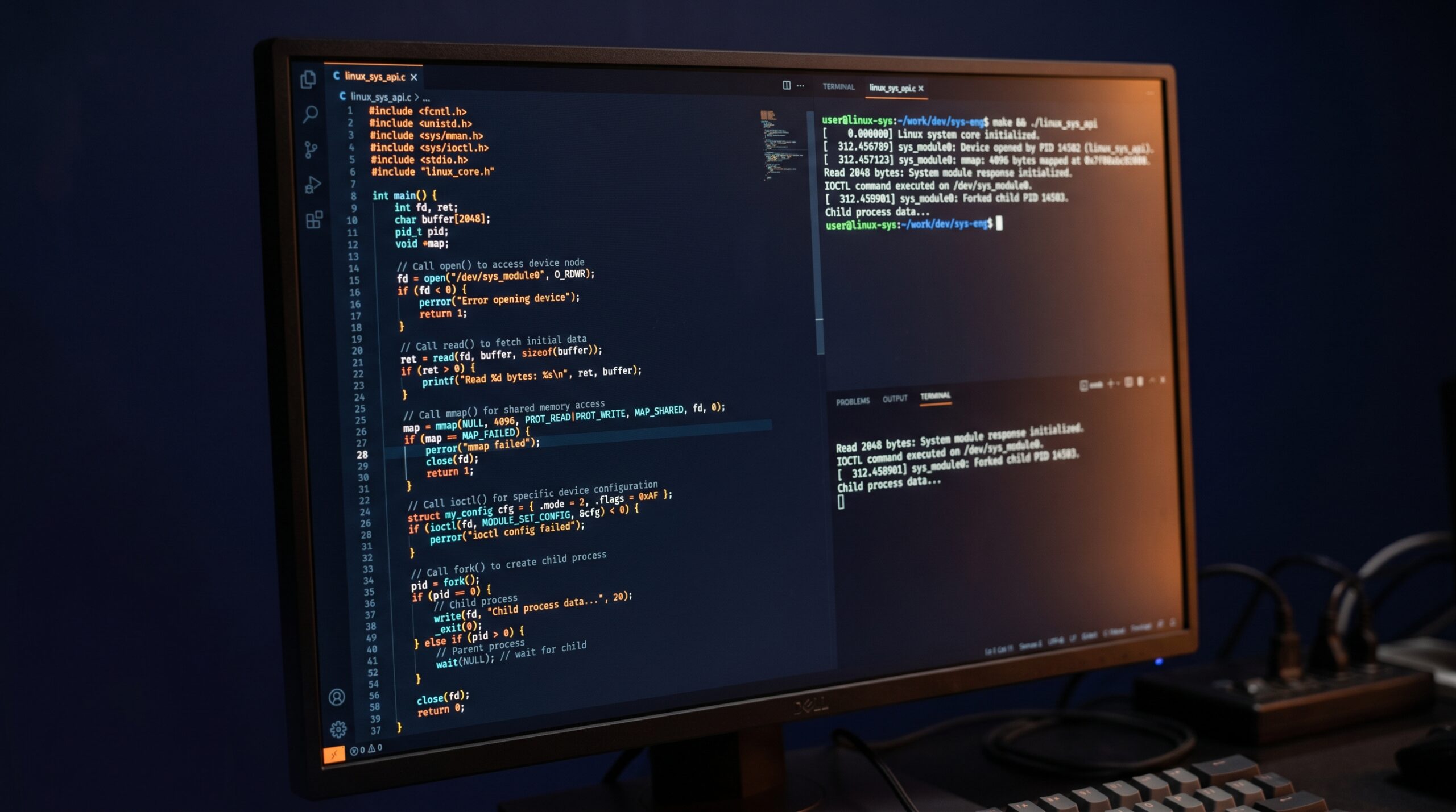 Linux Systems Engineering — Linux system-call C code in an editor and terminal