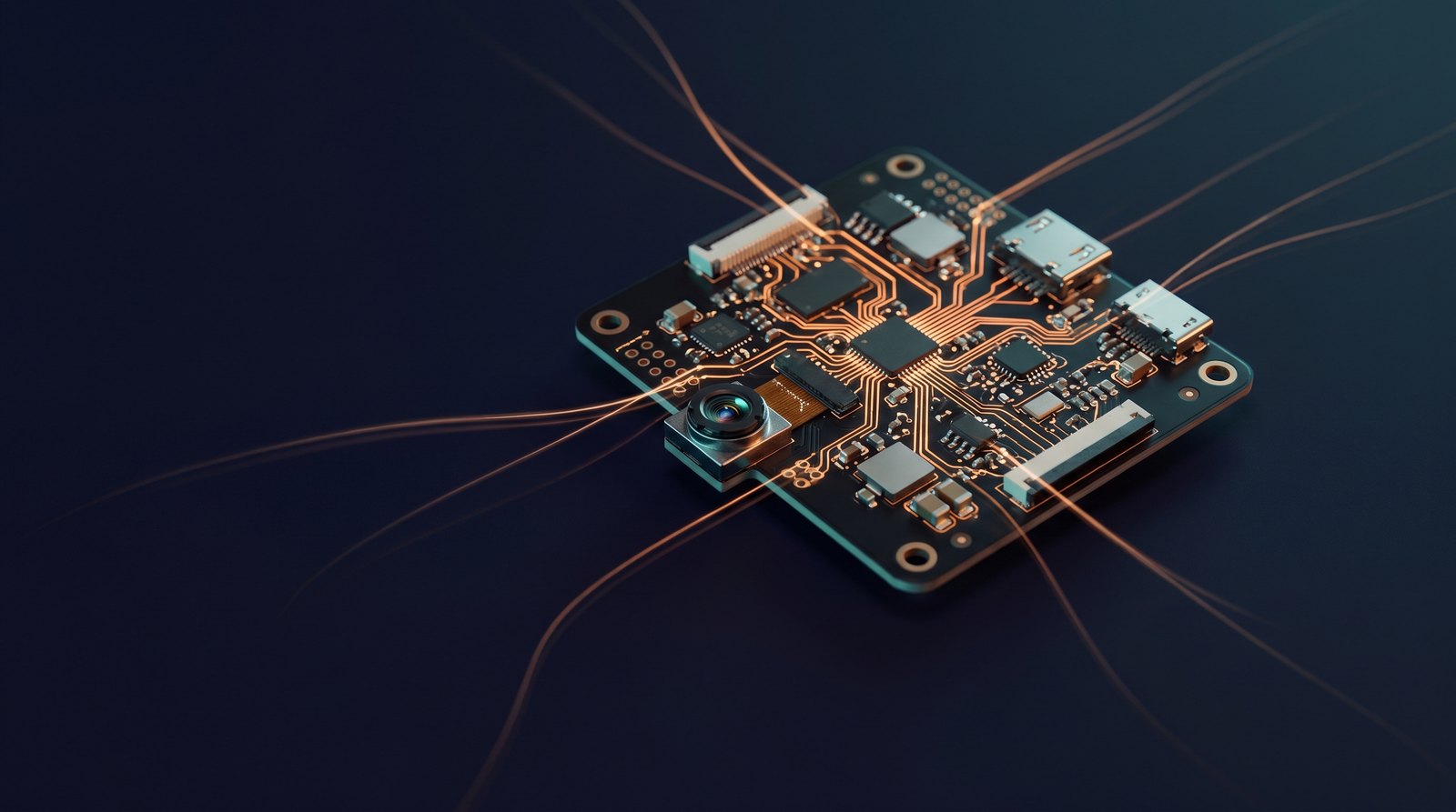 Embedded Linux Fast-Track — an edge-AI development board with glowing circuit traces