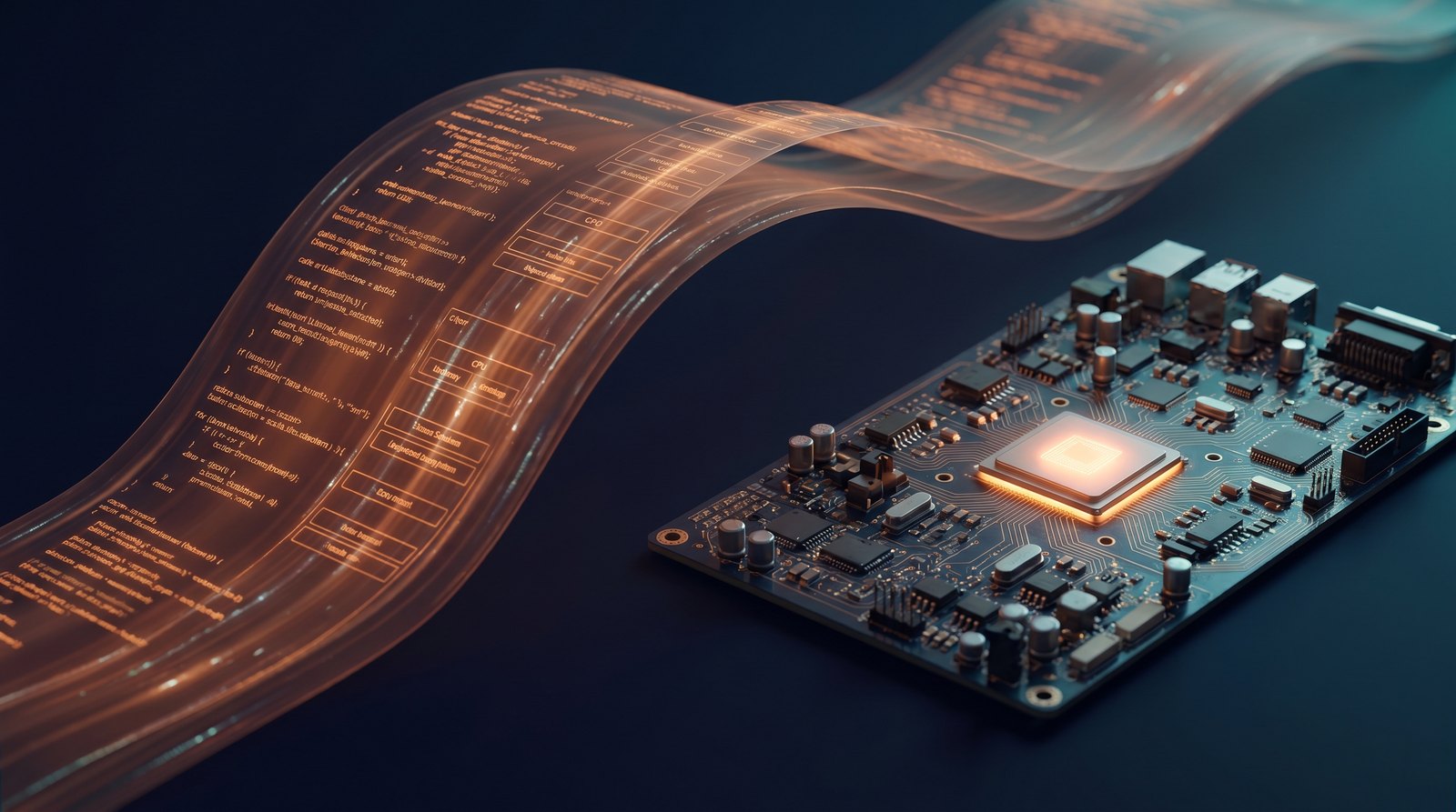 Kernel and Device Drivers — Linux kernel C source flowing into a real circuit board