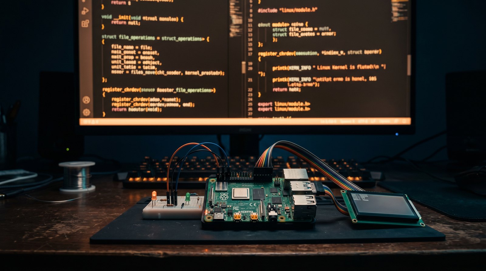 Embedded Linux Mastery Track — a driver-development workbench with kernel code and a wired board