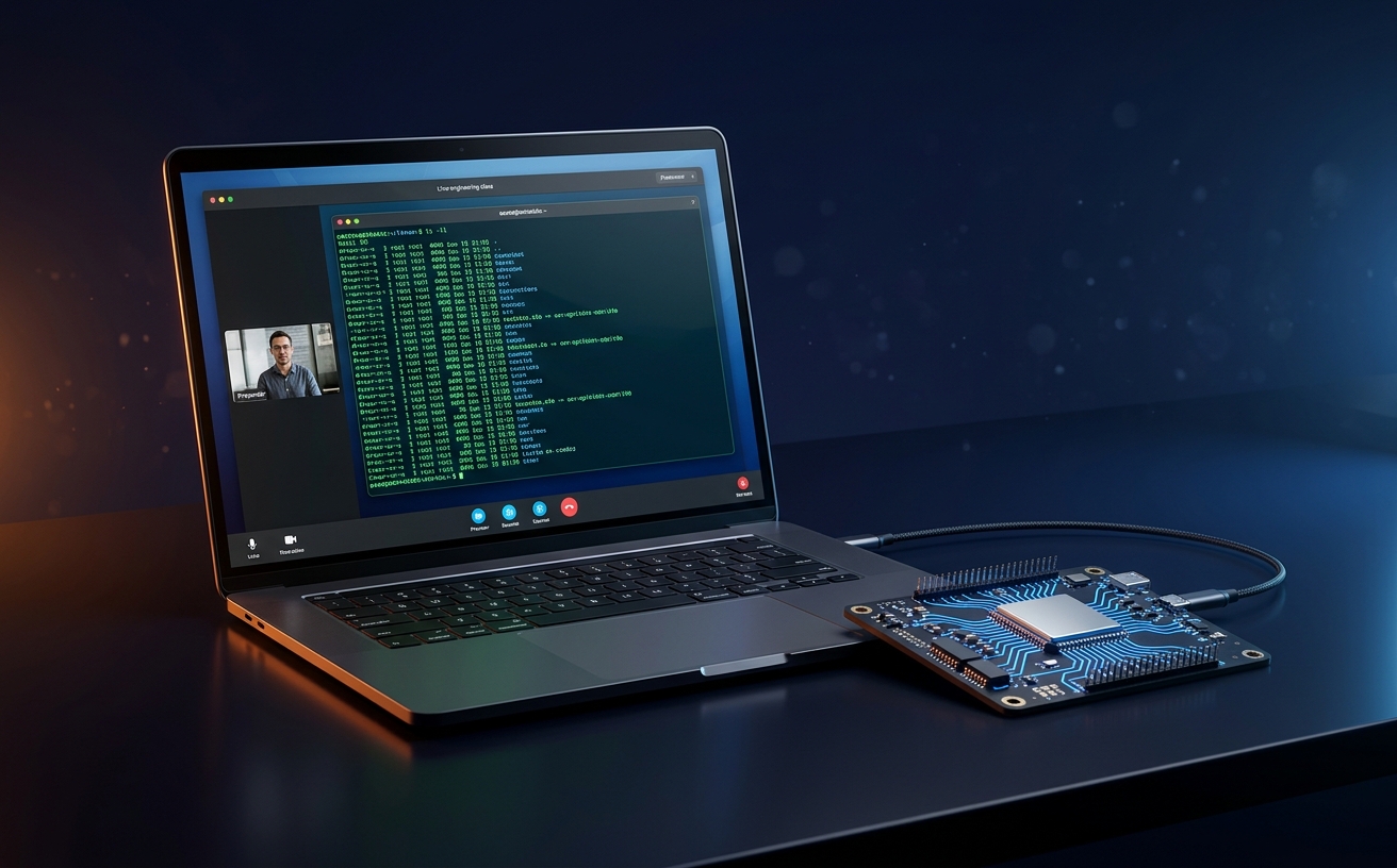 Live online engineering masterclass — laptop with live class session and embedded development board